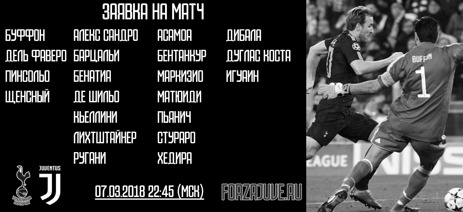 «Тоттенхэм» - «Ювентус». Заявка на матч   